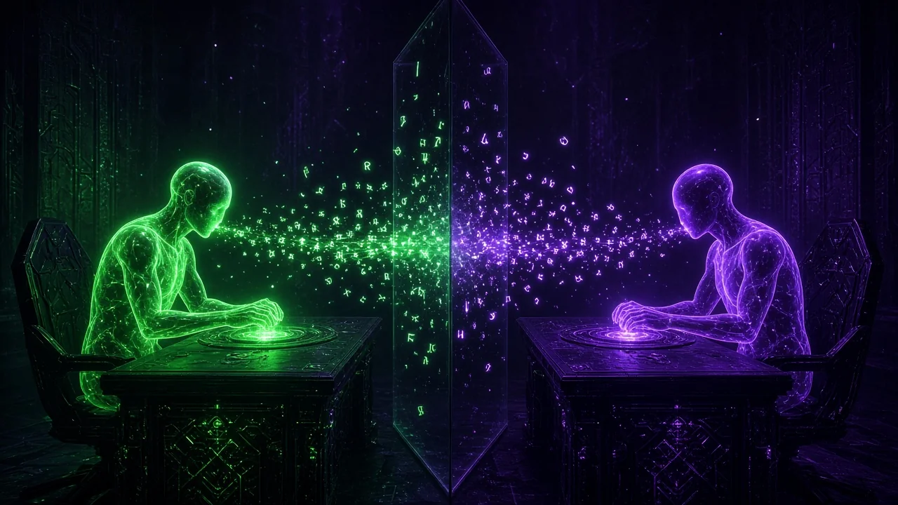 Two identical glowing humanoid figures sitting at matching desks on opposite sides of a