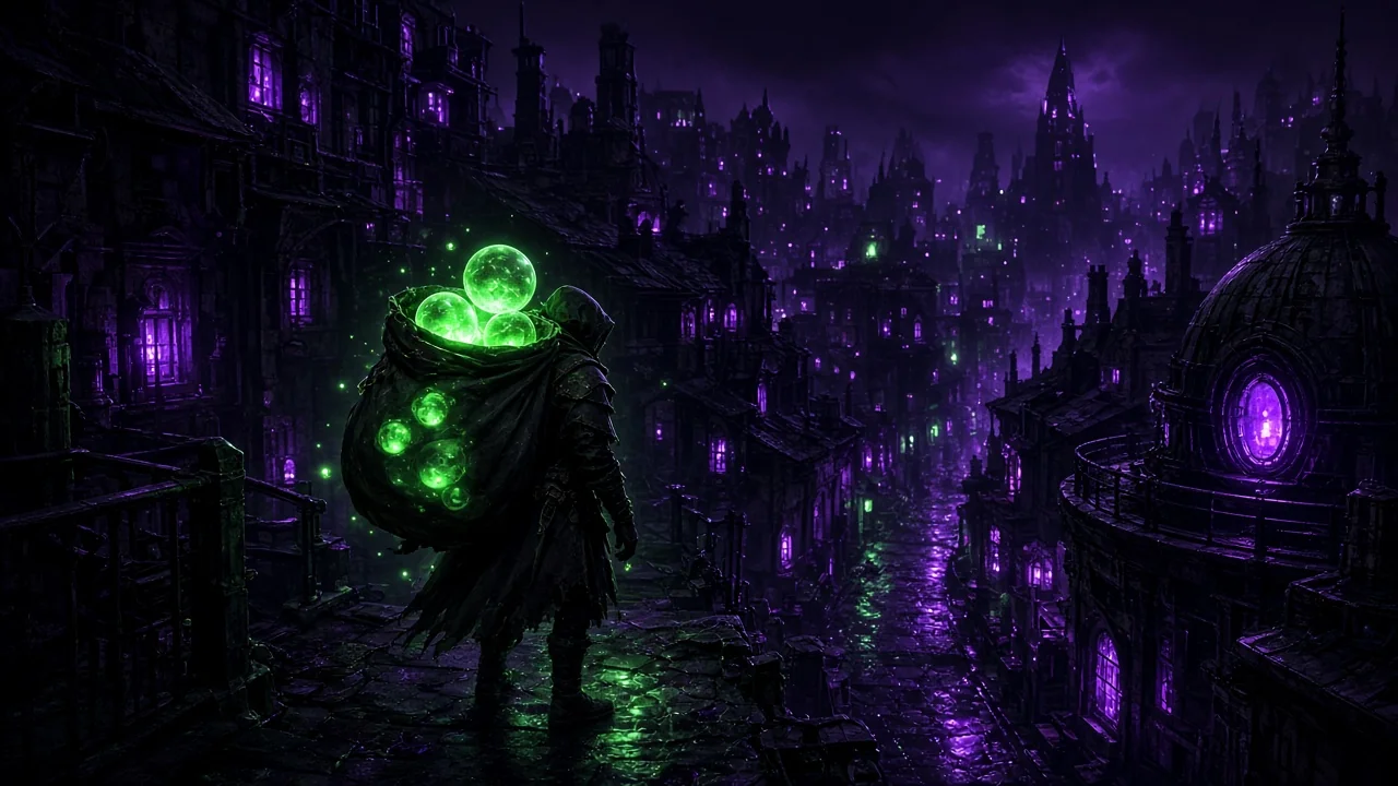 A small figure carrying a sack of glowing memory orbs through a sleeping city at night