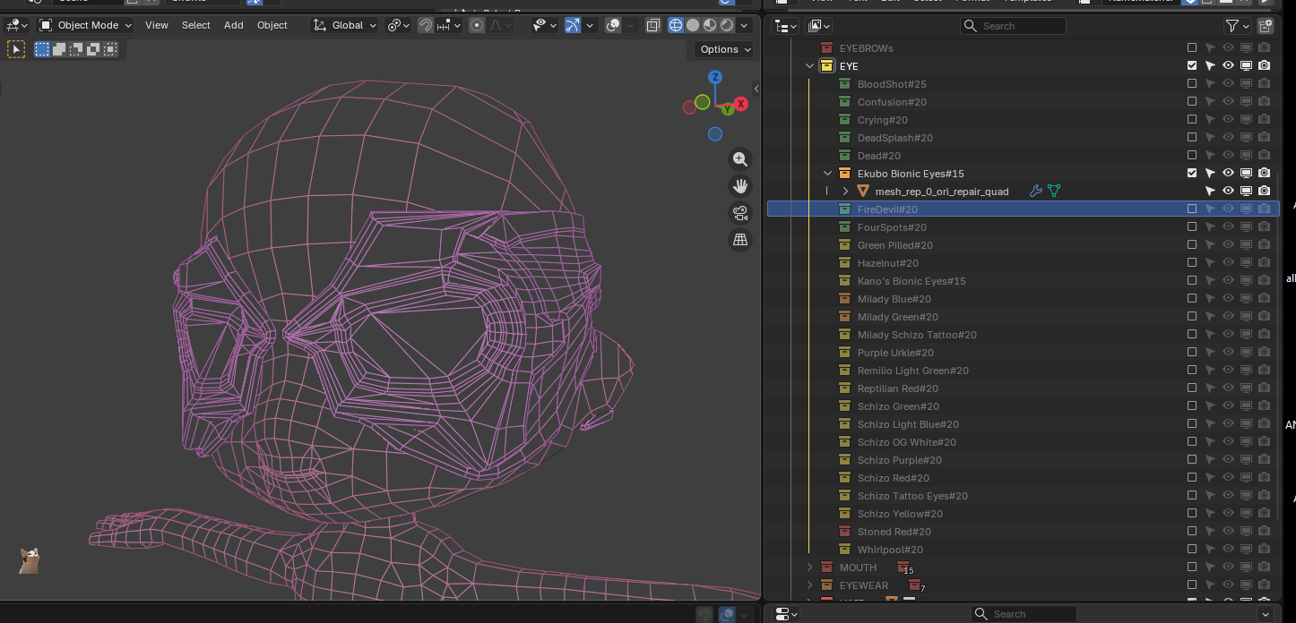 Blender outliner showing expanded eye collection
