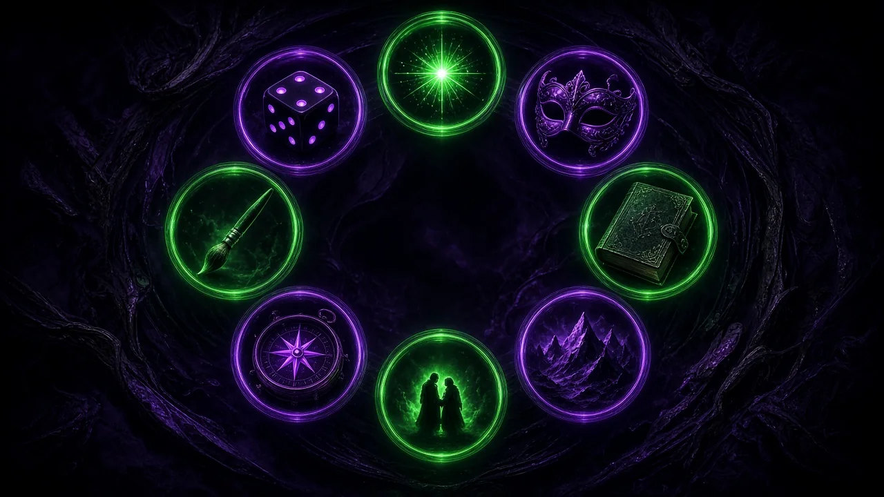 A ring of eight glowing circles of light floating in the dark