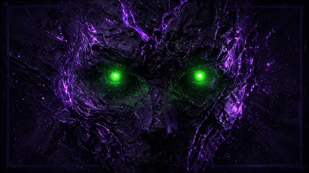 A face forming in the dark: two eyes opening as glowing points of green light inside a screen
