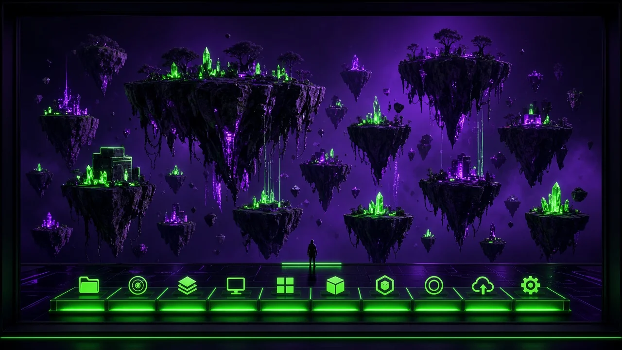 A desktop seen from inside the monitor: icons like floating islands