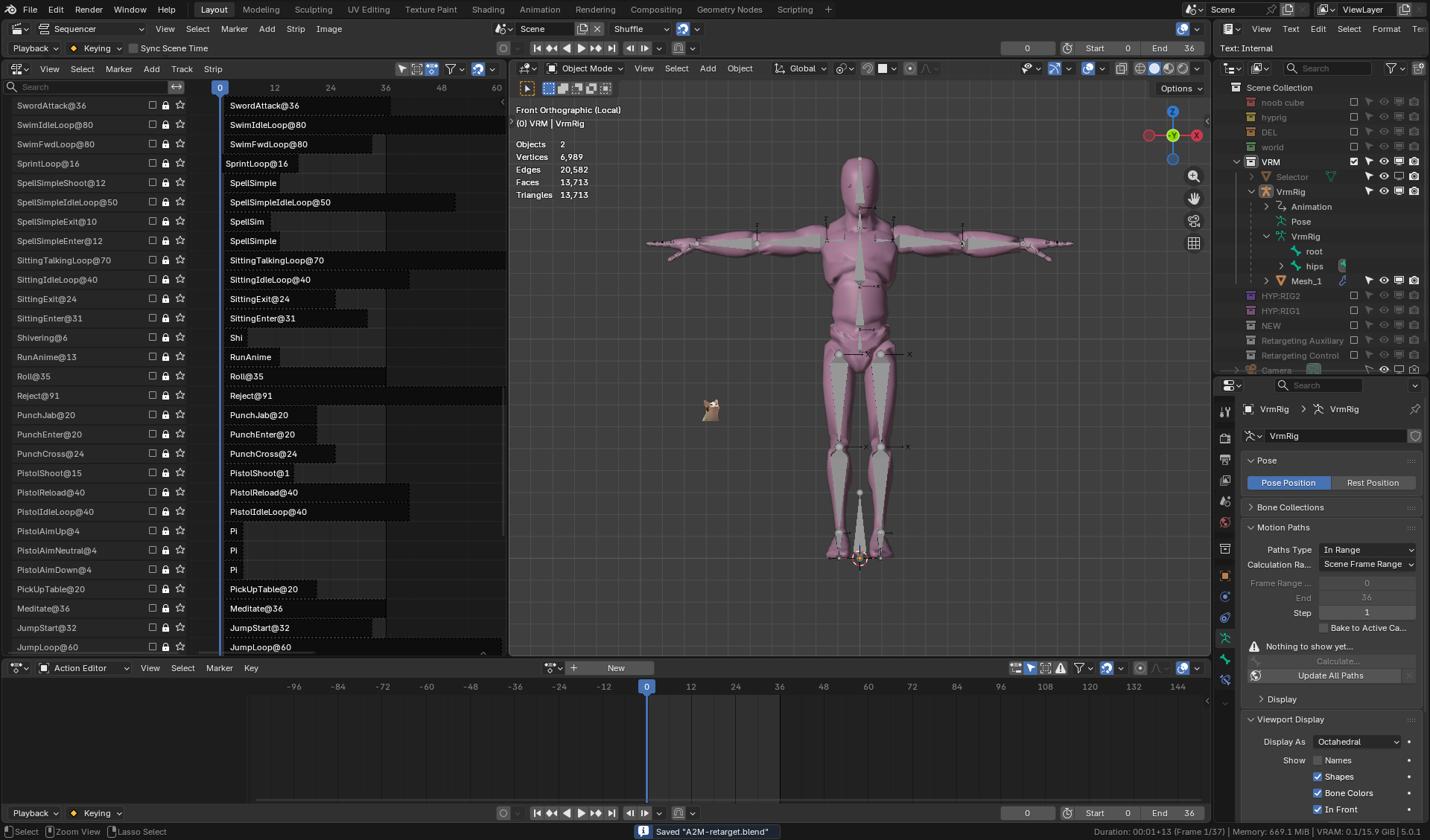 Blender NLA Editor showing the full animation library before retargeting