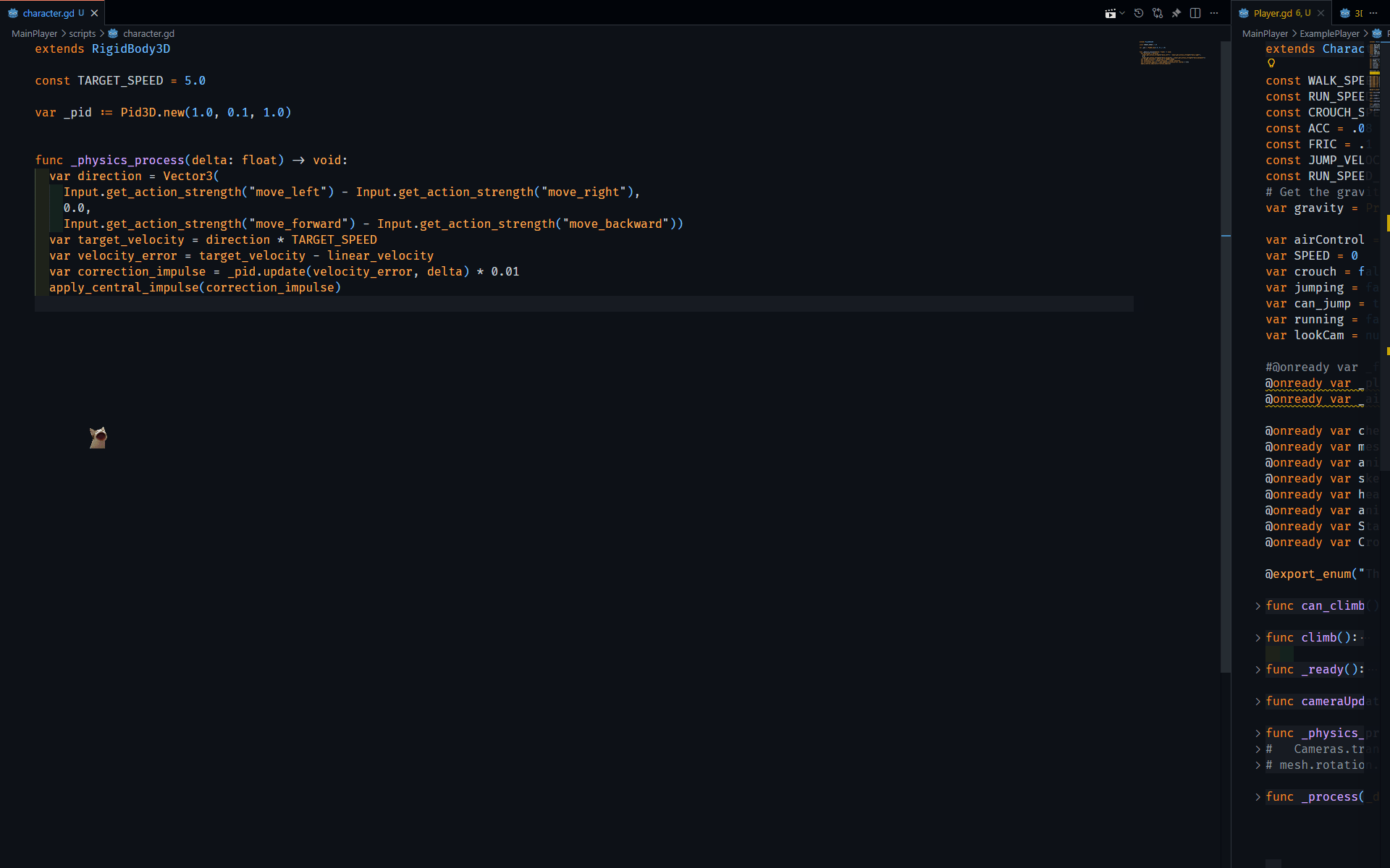 Side-by-side GDScript: PID-based RigidBody3D controller and CharacterBody3D state machine controller