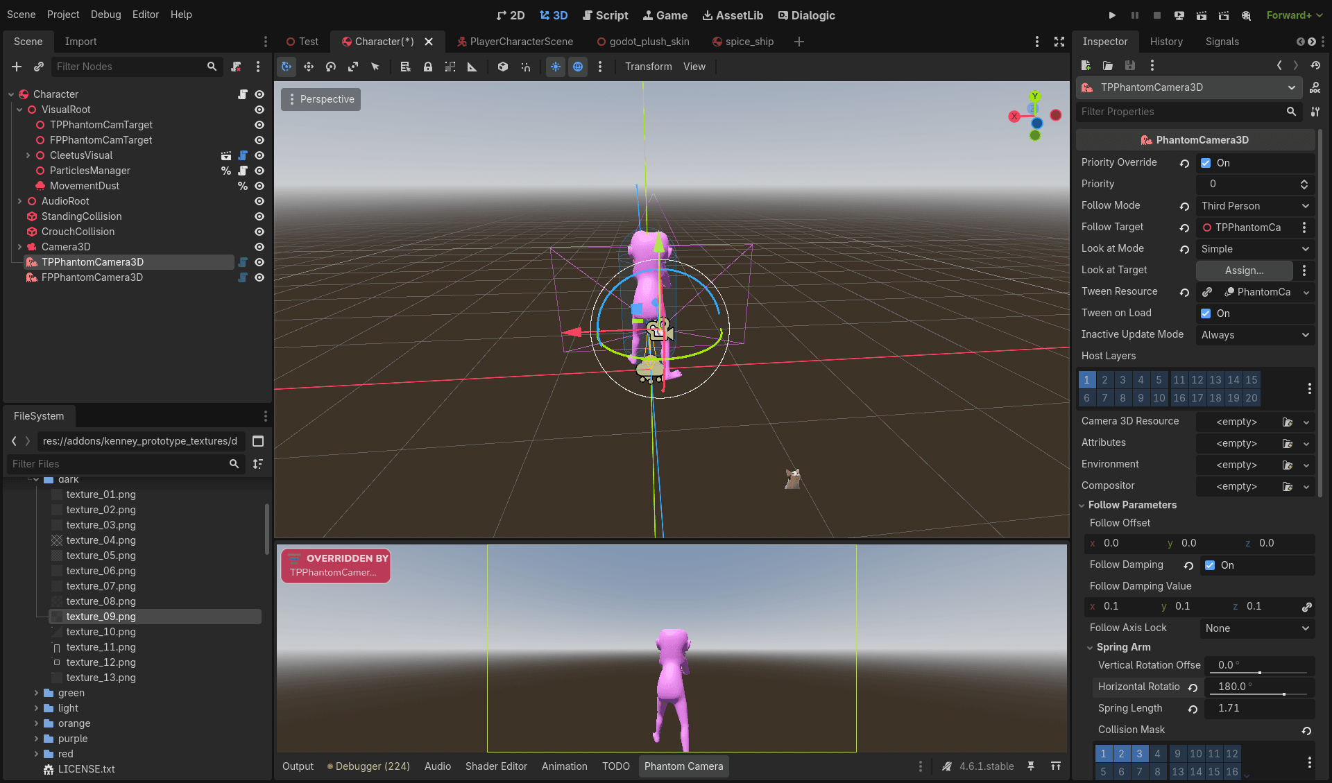 Character scene with TPPhantomCamera3D and FPPhantomCamera3D nodes