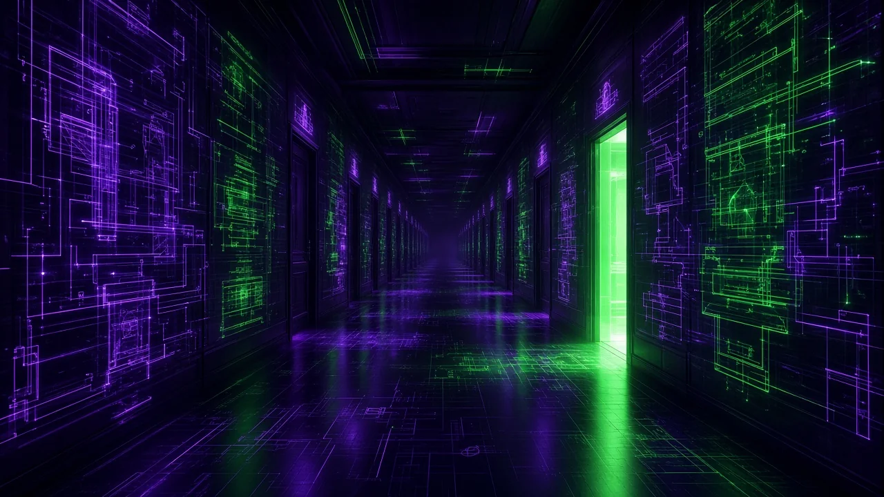 A dream corridor whose walls are translucent glowing blueprints