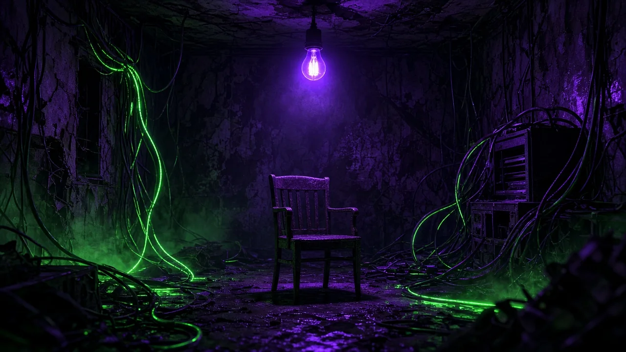 Inside a forgotten room: a single flickering bulb of light over an empty chair