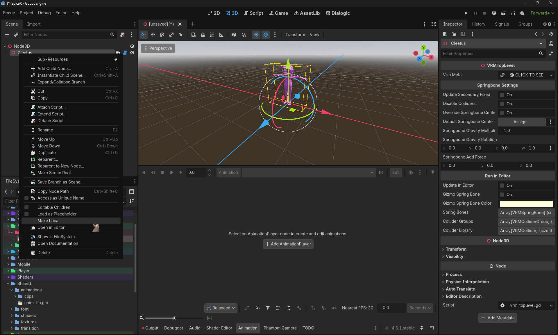 Cleetus in the scene tree with Make Local options visible