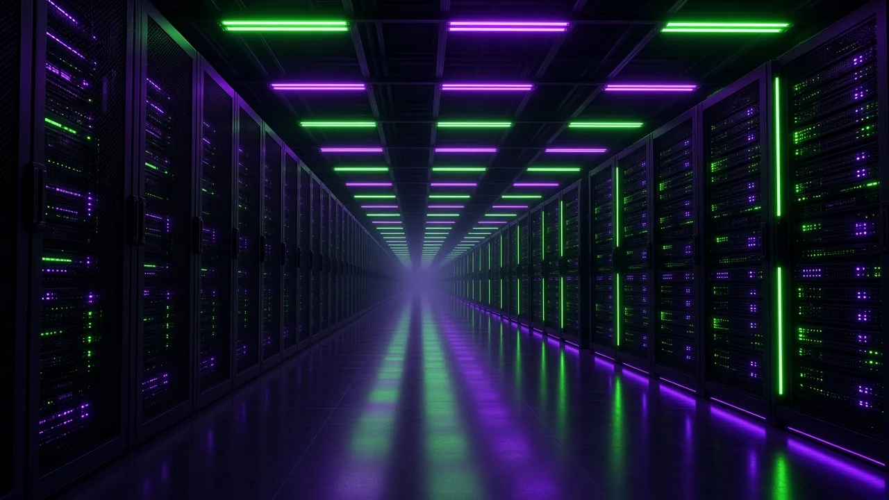 Endless rows of fluorescent ceiling lights stretching over racks of servers in a cold facility