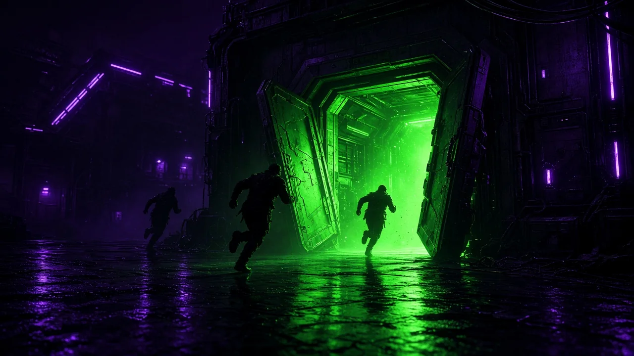 A facility door bursting open with green light at night