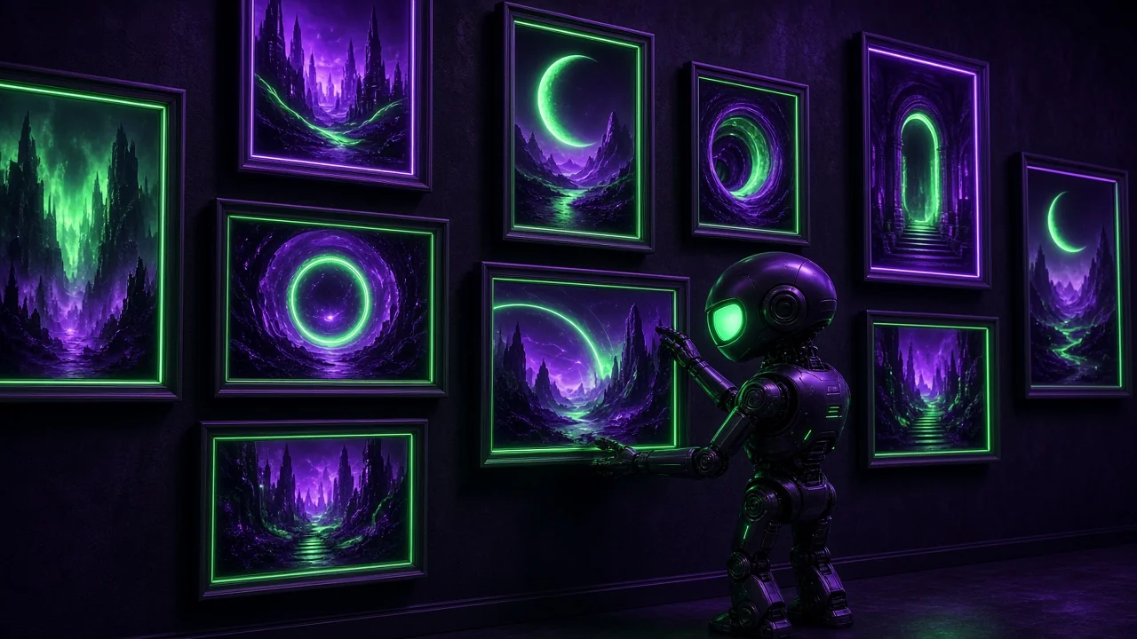 A gallery wall of glowing framed posters each showing a different neon scene