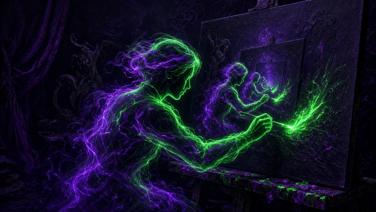 A painter made of light painting a canvas that contains a smaller painter painting a