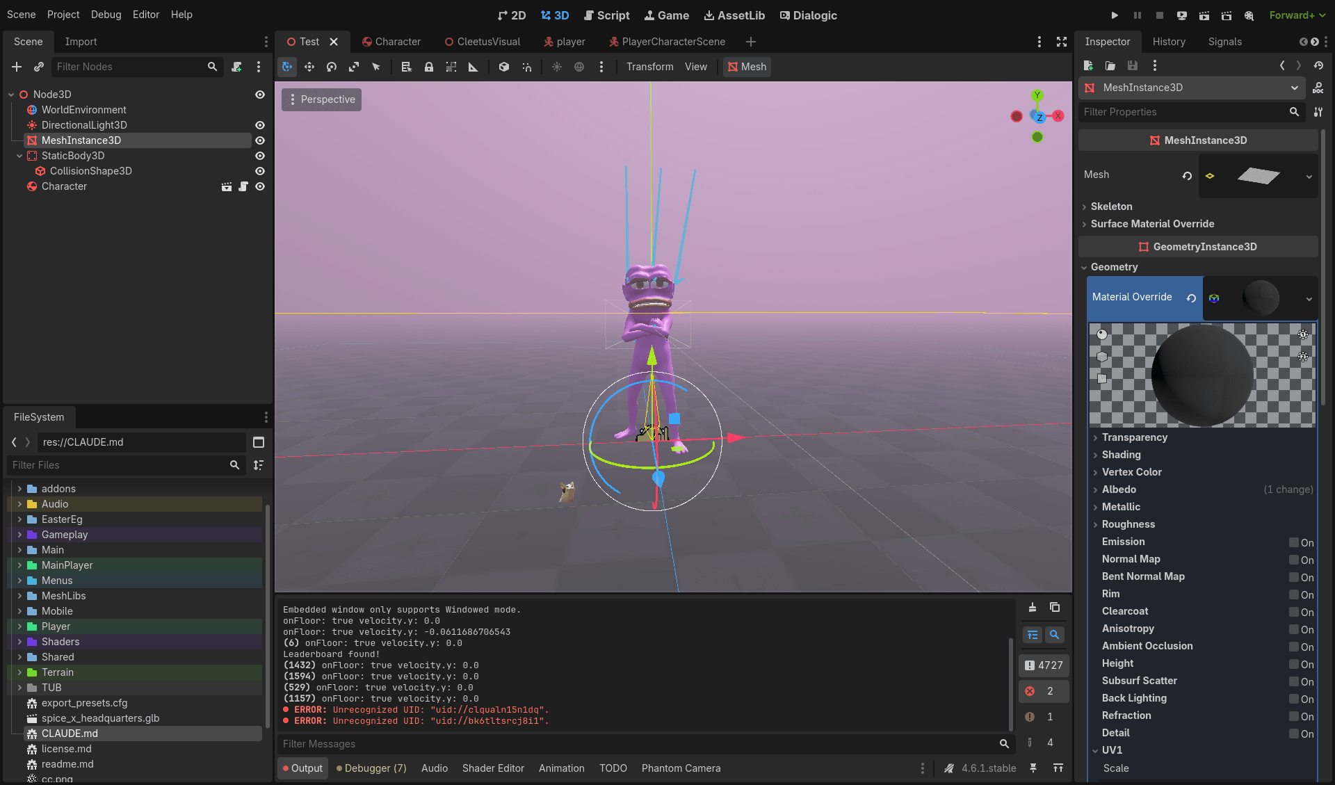 Early test scene with purple humanoid character on grid floor