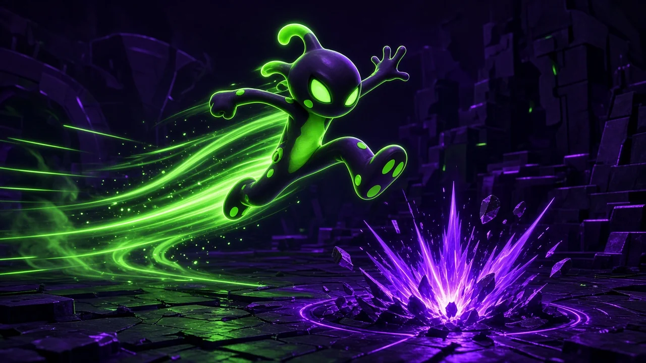 A stylized game character frozen mid-jump with exaggerated squash-and-stretch