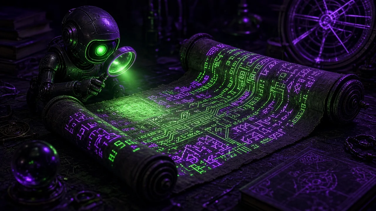 An unrolled ancient scroll made of glowing code runes lying across a desk