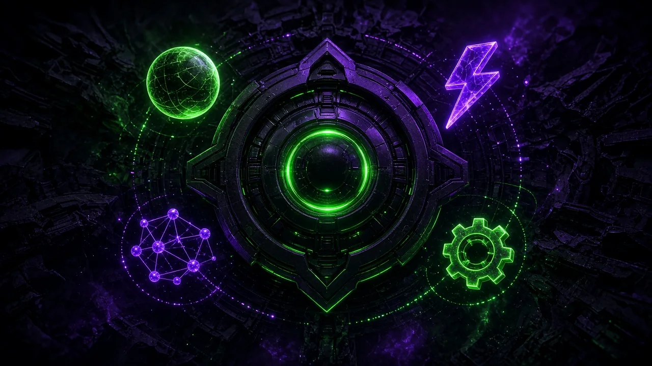 A glowing game-engine emblem orbited by small holographic icons: a shaded sphere