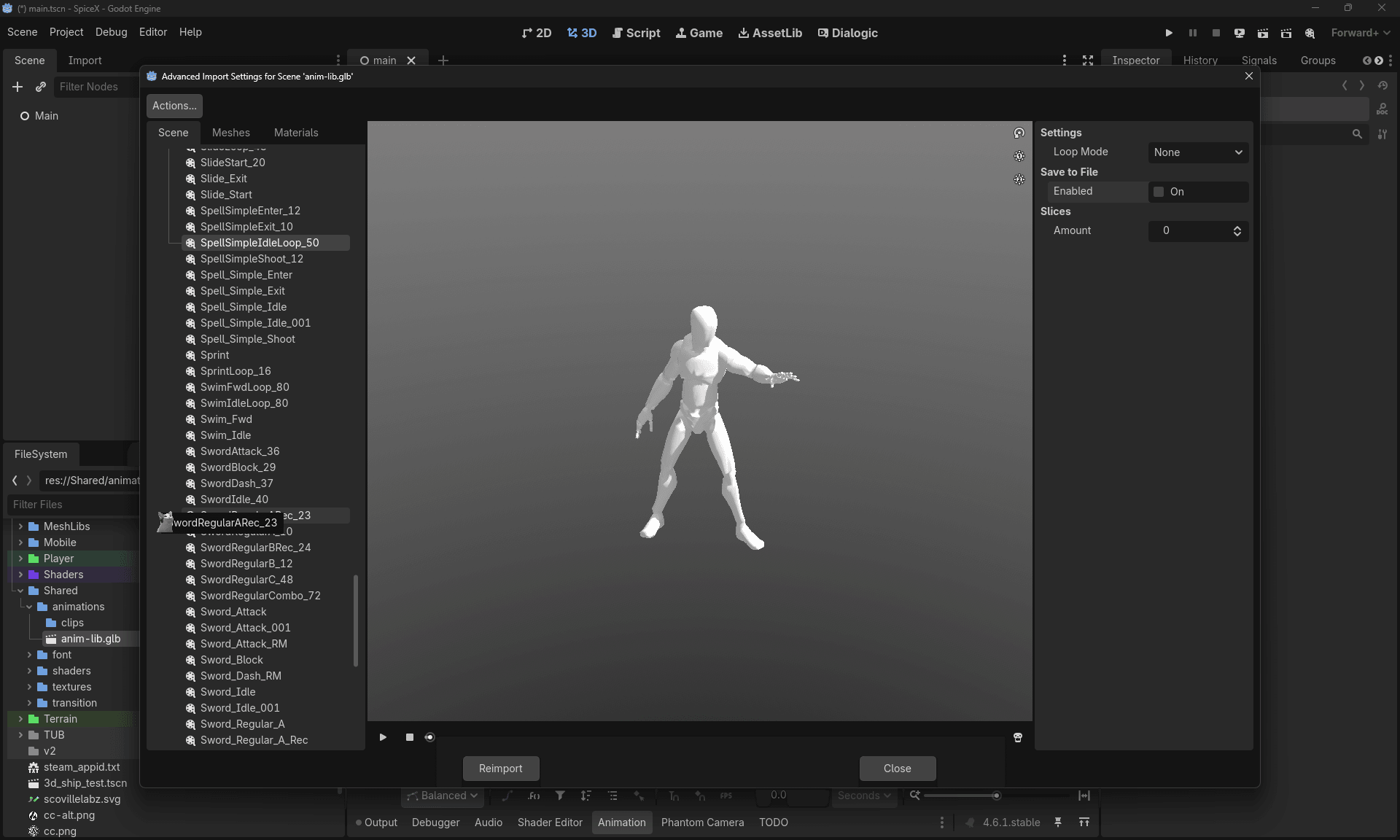 Godot importing the animation library — Advanced Import Settings dialog