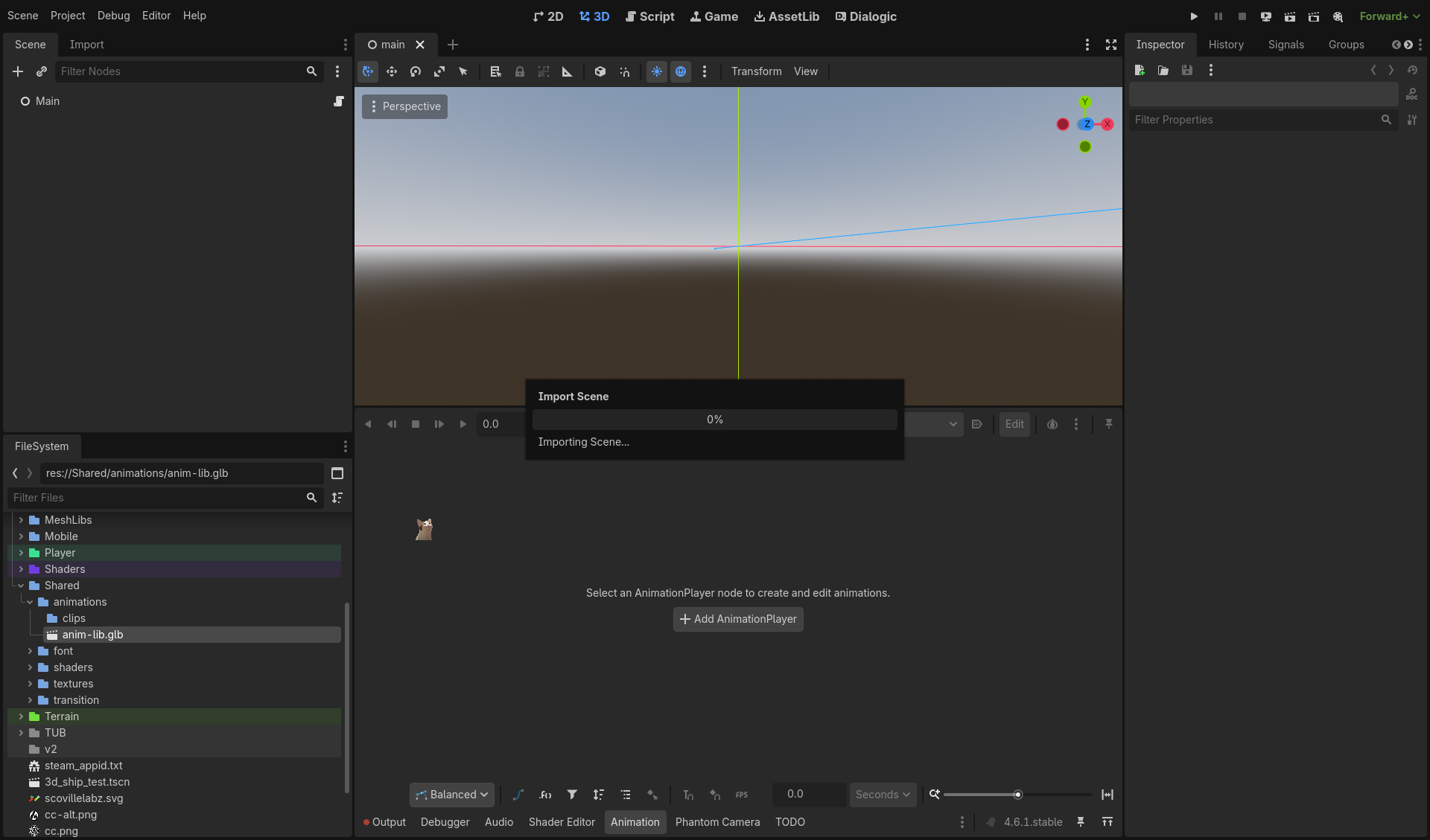 Godot’s Import Scene dialog at 0% progress