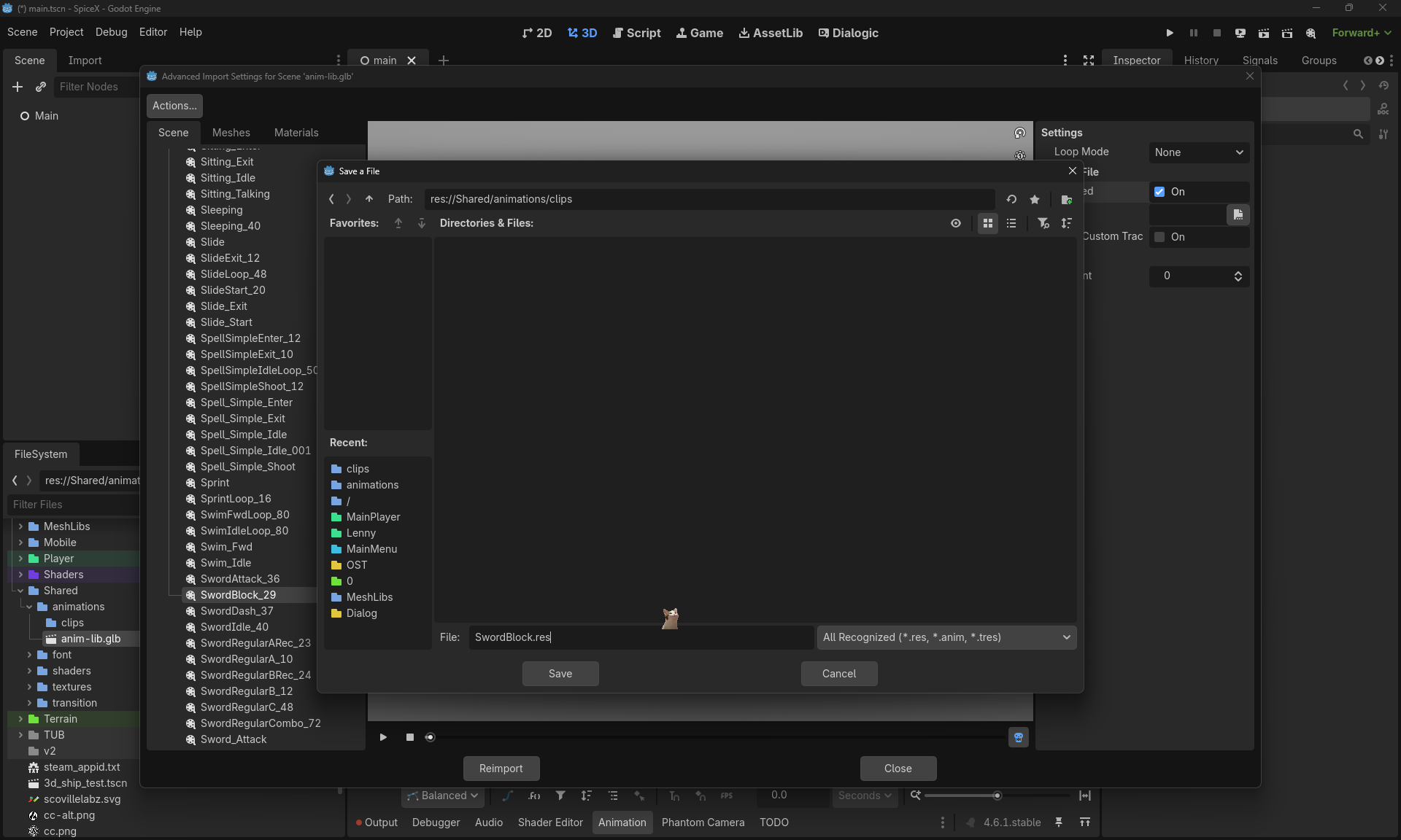 Godot Save dialog showing SwordBlock.res being extracted to the clips folder