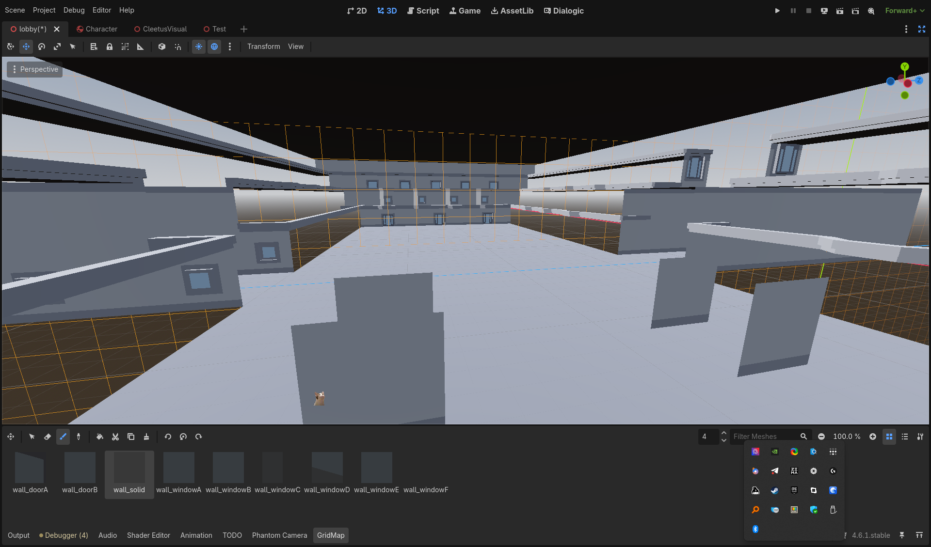 GridMap editor showing wall tile palette: wall_doorA through wall_windowF