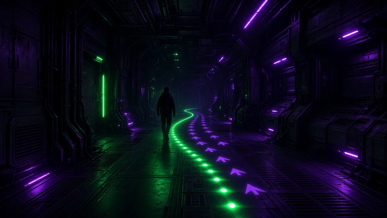 A small figure walking through a facility corridor following a trail of glowing breadcrumb