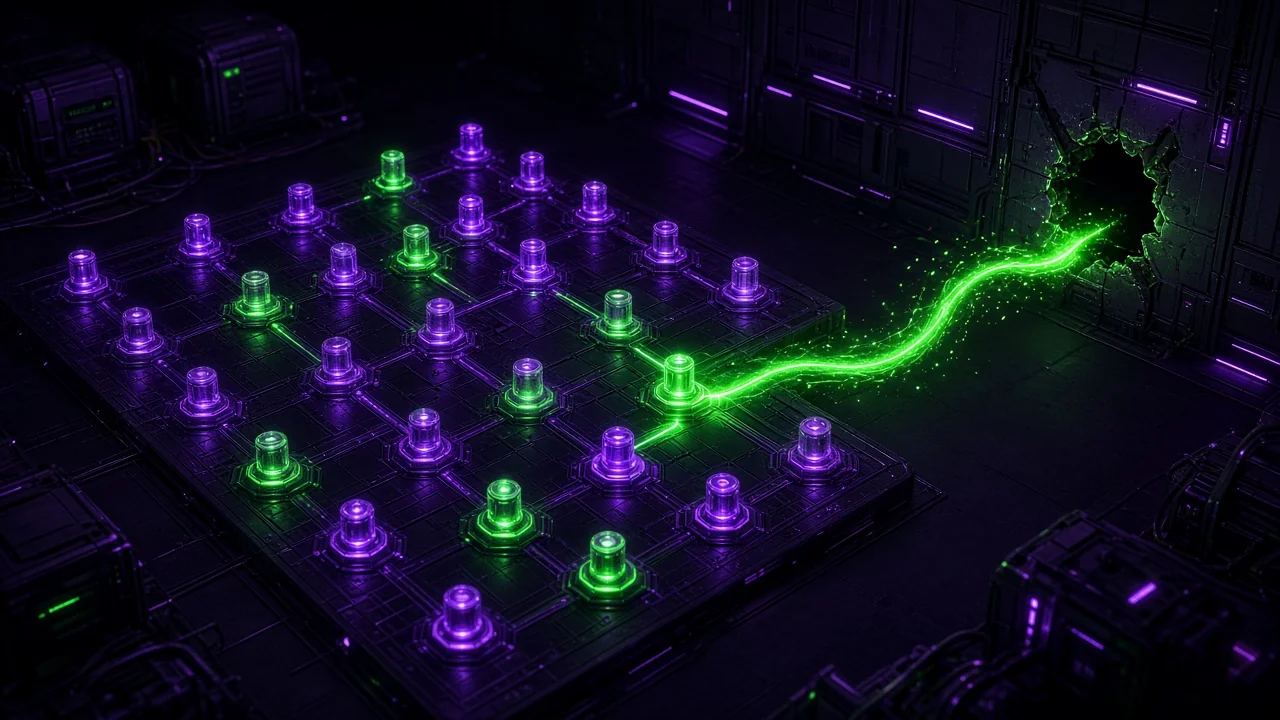 A network diagram of glowing nodes on a black table