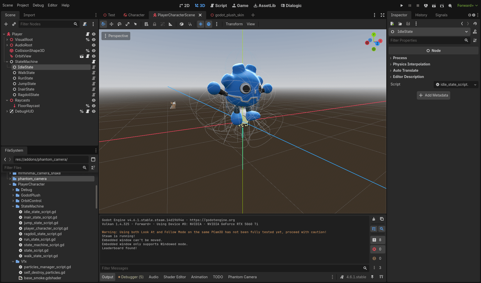 Player state machine addon with IdleState, WalkState, RunState, JumpState, InairState, RagdollState