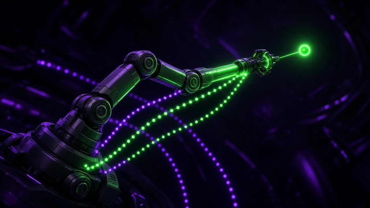 A segmented robot arm reaching toward a floating target point
