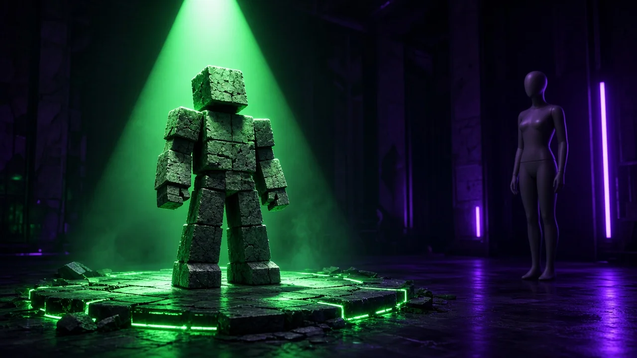A rough blocky placeholder character standing proudly under a spotlight on a stage of light