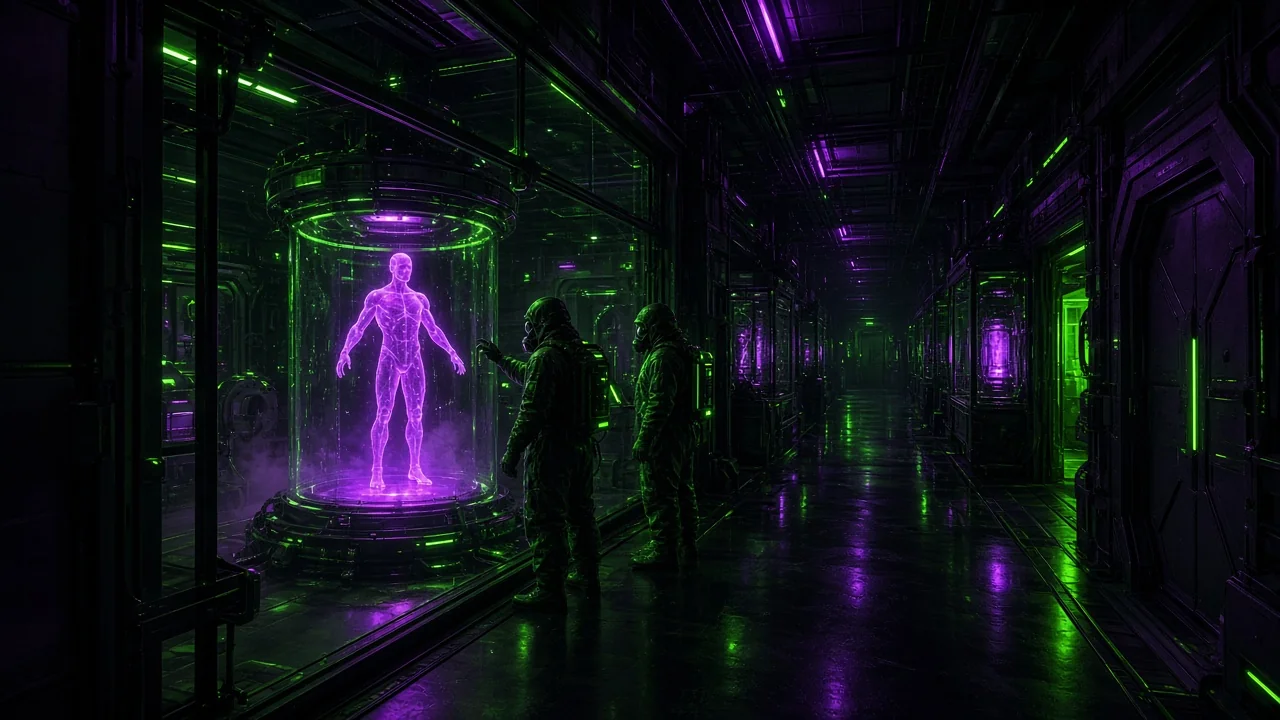 An industrial test facility corridor with experimental chambers behind glass
