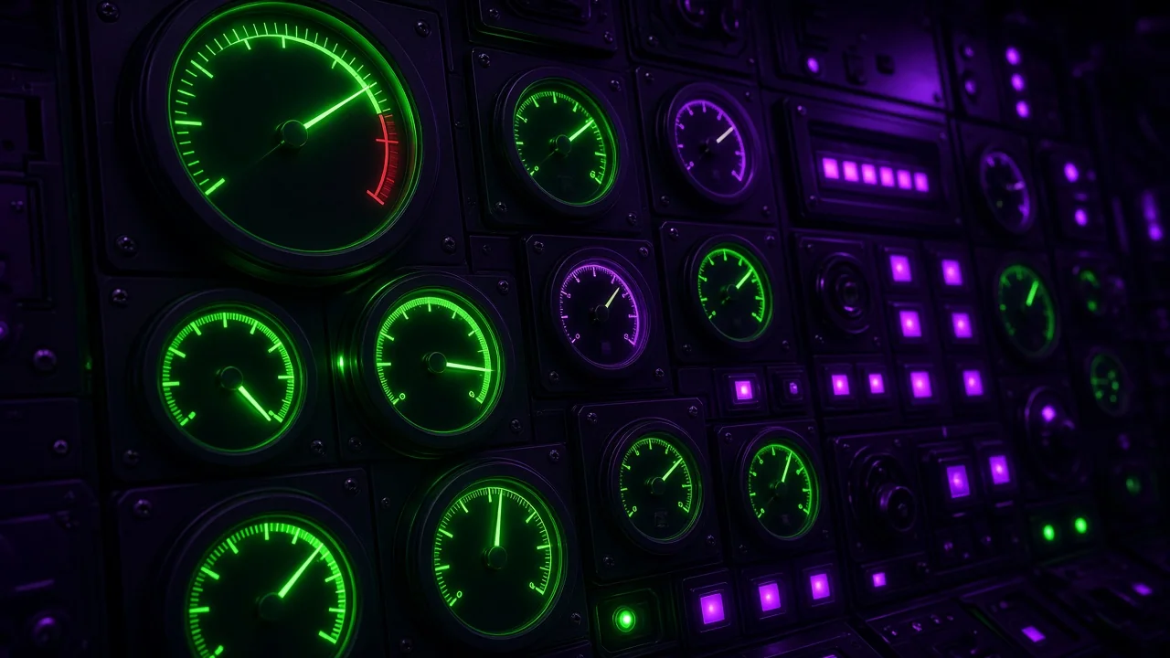 A wall of glowing analog gauges and meters