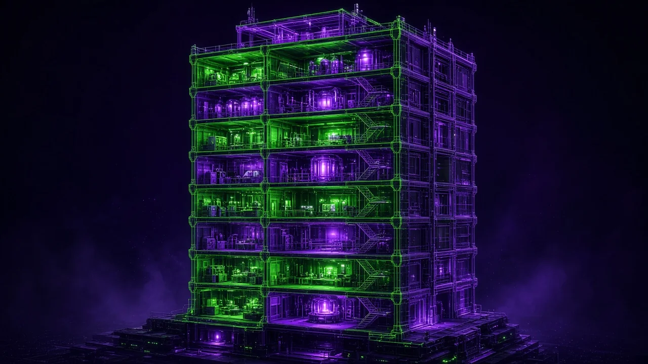 A glowing blueprint of a ten-story facility tower in cross-section