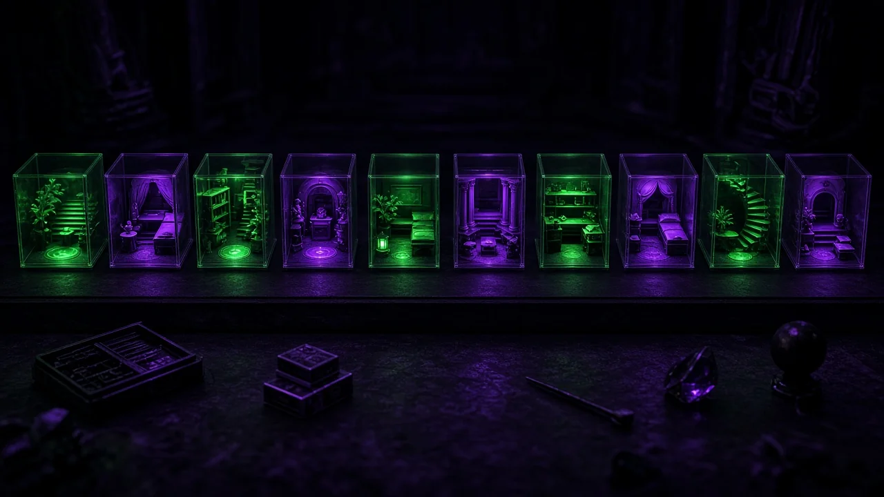 A curator’s table with ten tiny holographic rooms arranged in a neat row