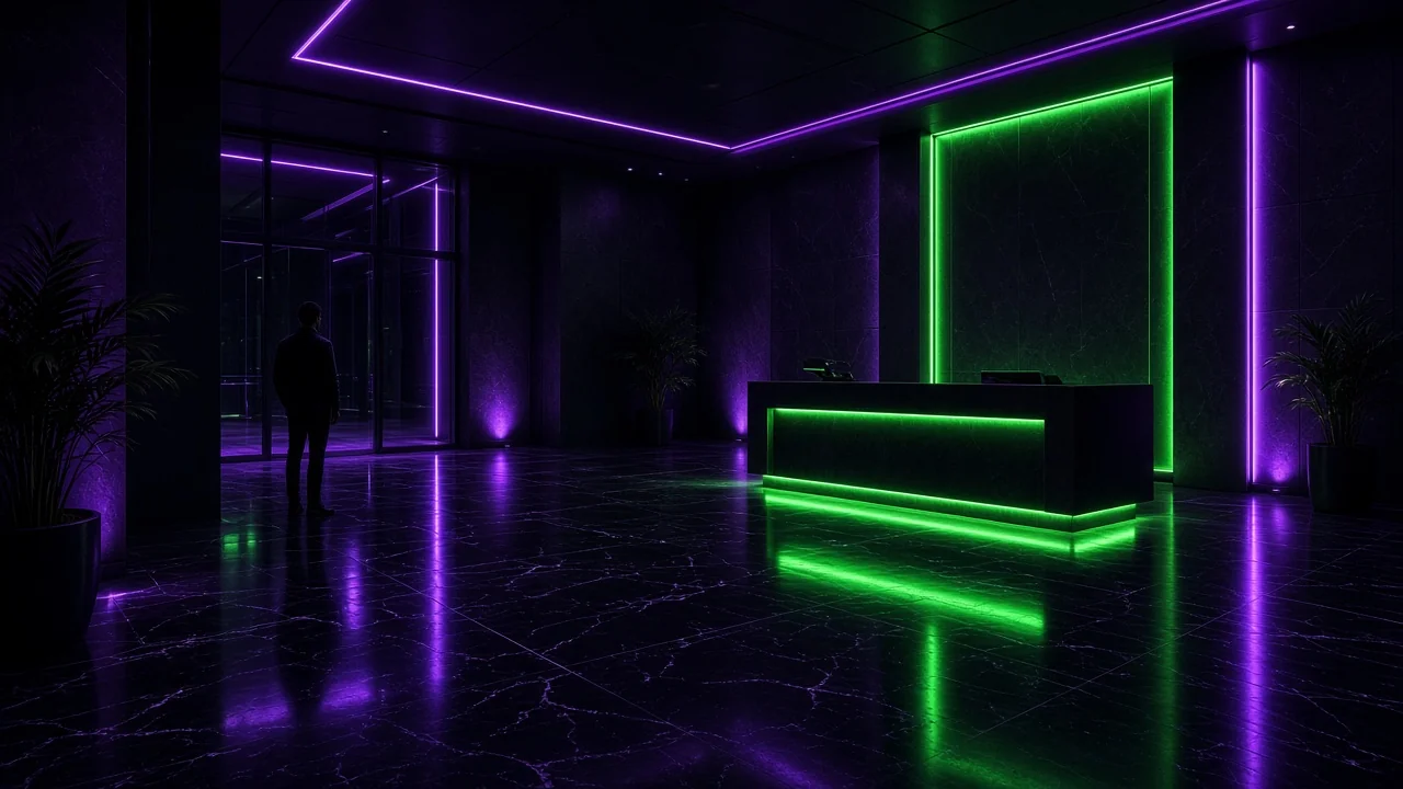 A sterile corporate lobby with polished dark floors and a reception desk glowing green