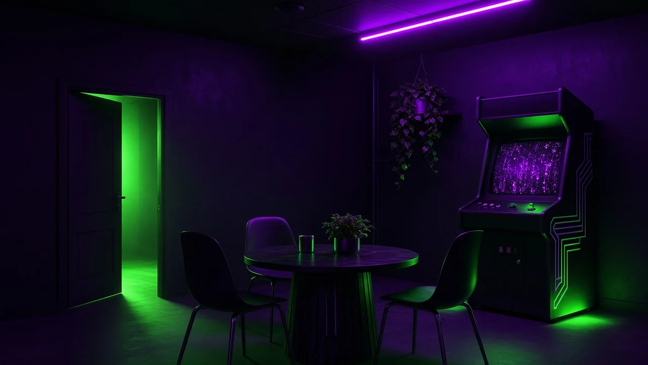 A warm-lit break room with a retro arcade cabinet glowing in the corner