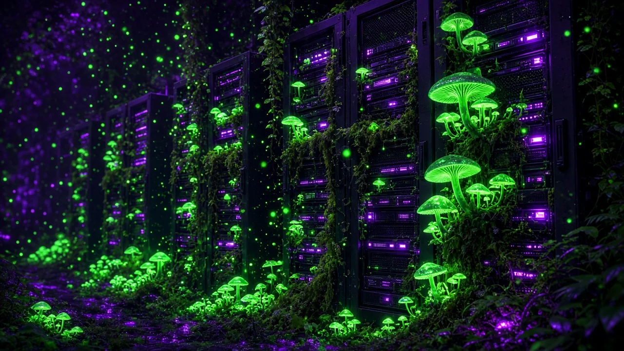 Bioluminescent fungi growing over tall dark server racks in a garden room