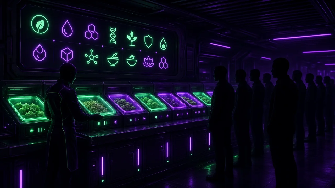 A cafeteria counter serving glowing nutrient trays to a row of silhouetted figures