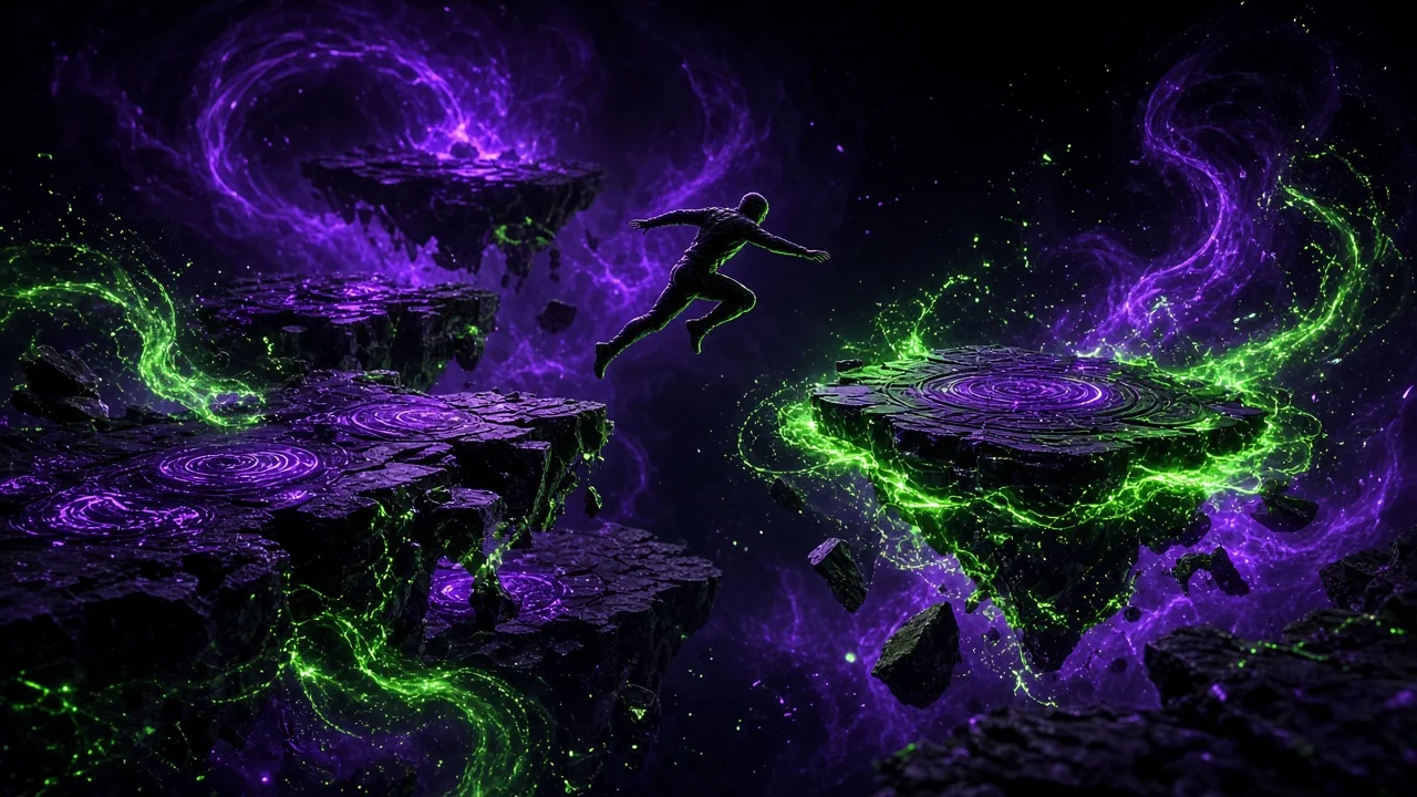 A dark void where floating platforms are materializing out of swirling particles of light