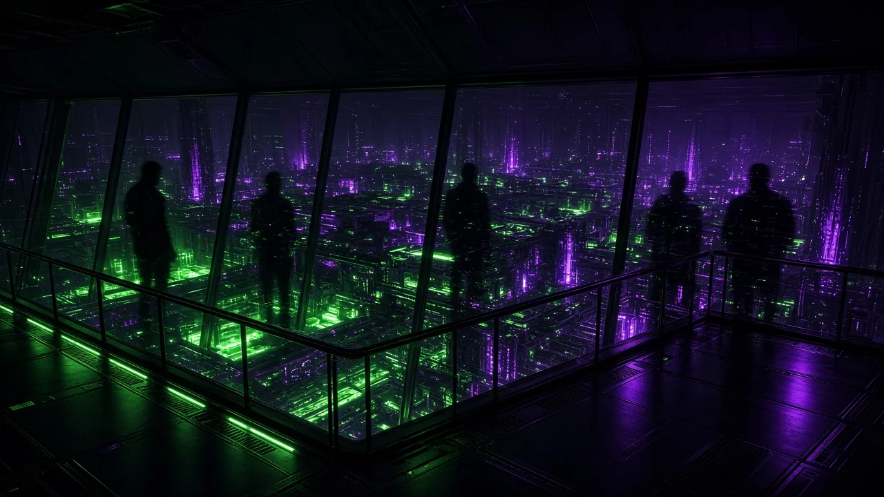 A glass-walled observation deck overlooking an immense glowing facility floor far below