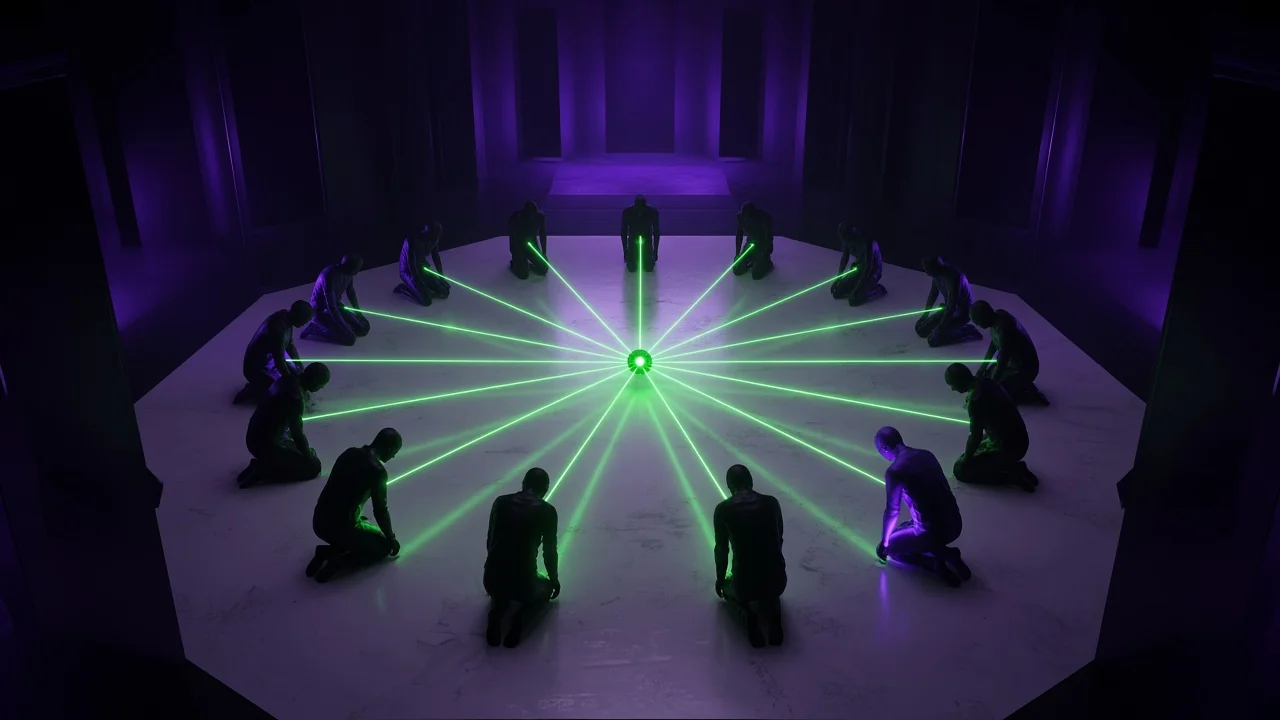 Several silhouetted figures in a white room forced into a synchronized formation