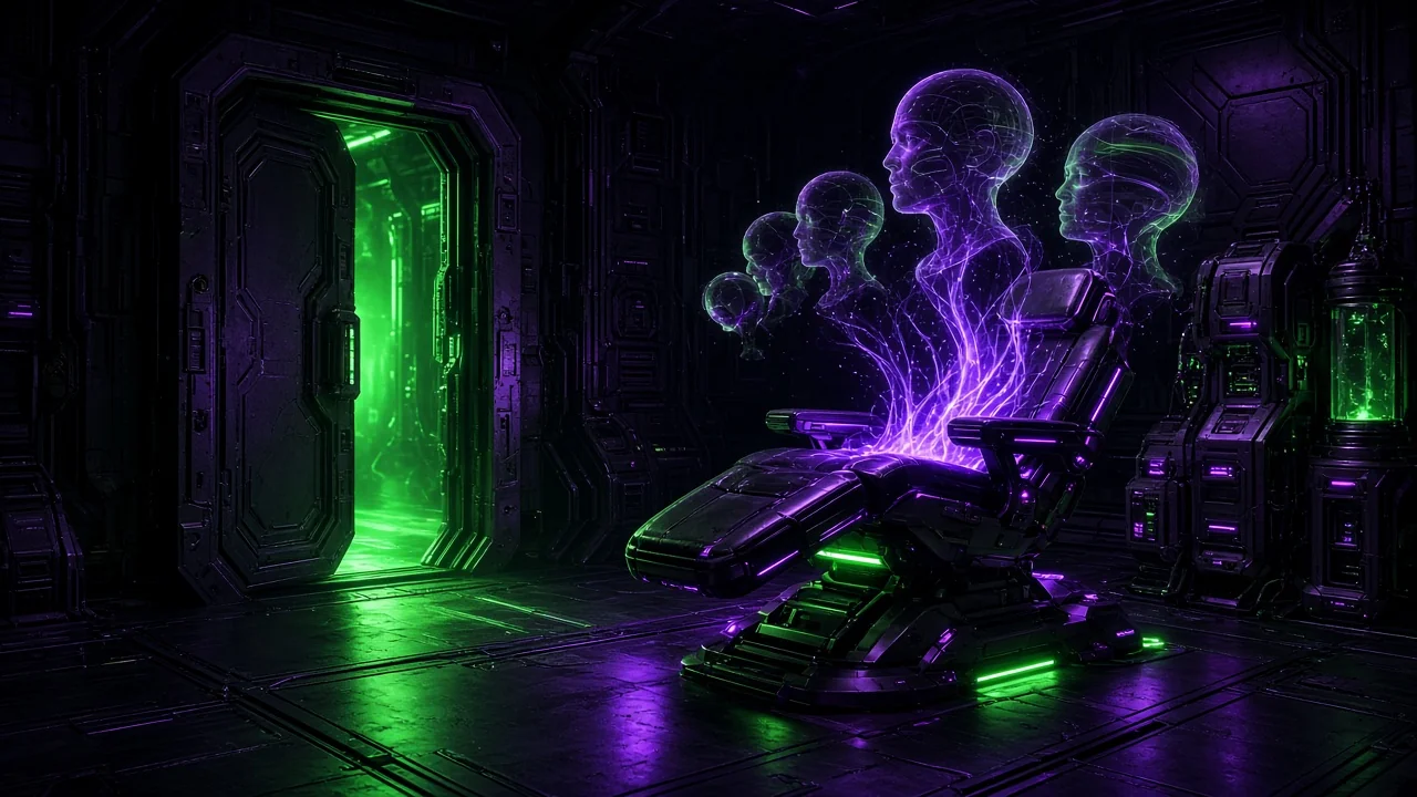 A medical bay with a reclining chair of light and floating translucent memory scans