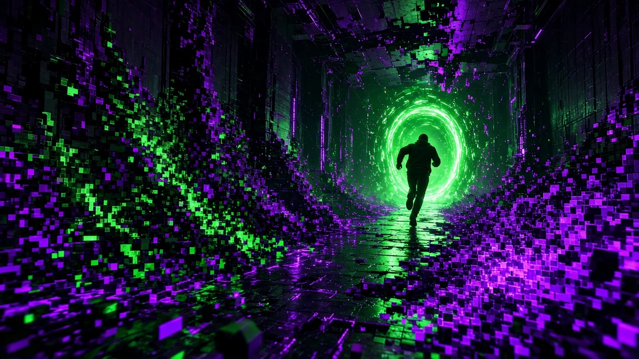A corridor collapsing into glitch fragments