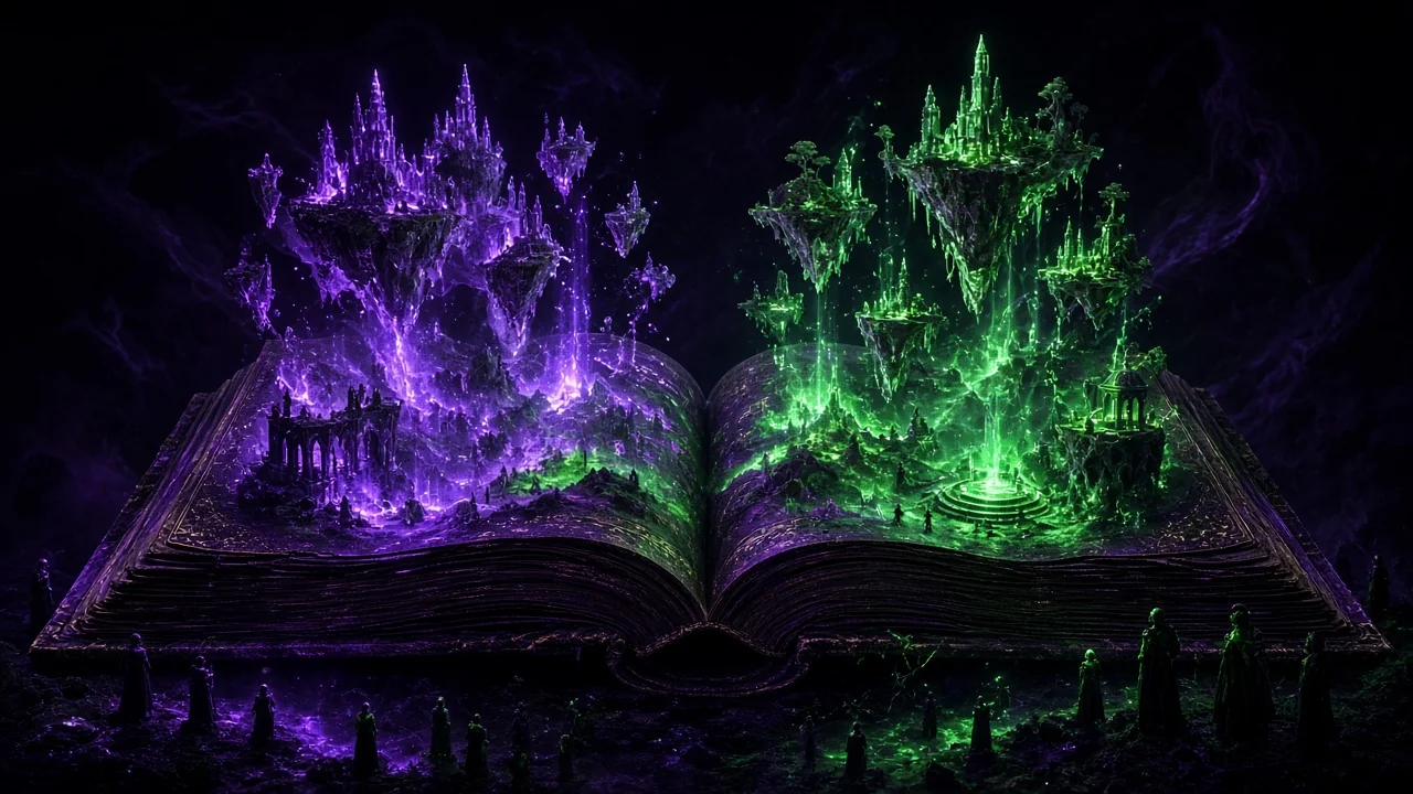 A giant glowing tome floating open in darkness