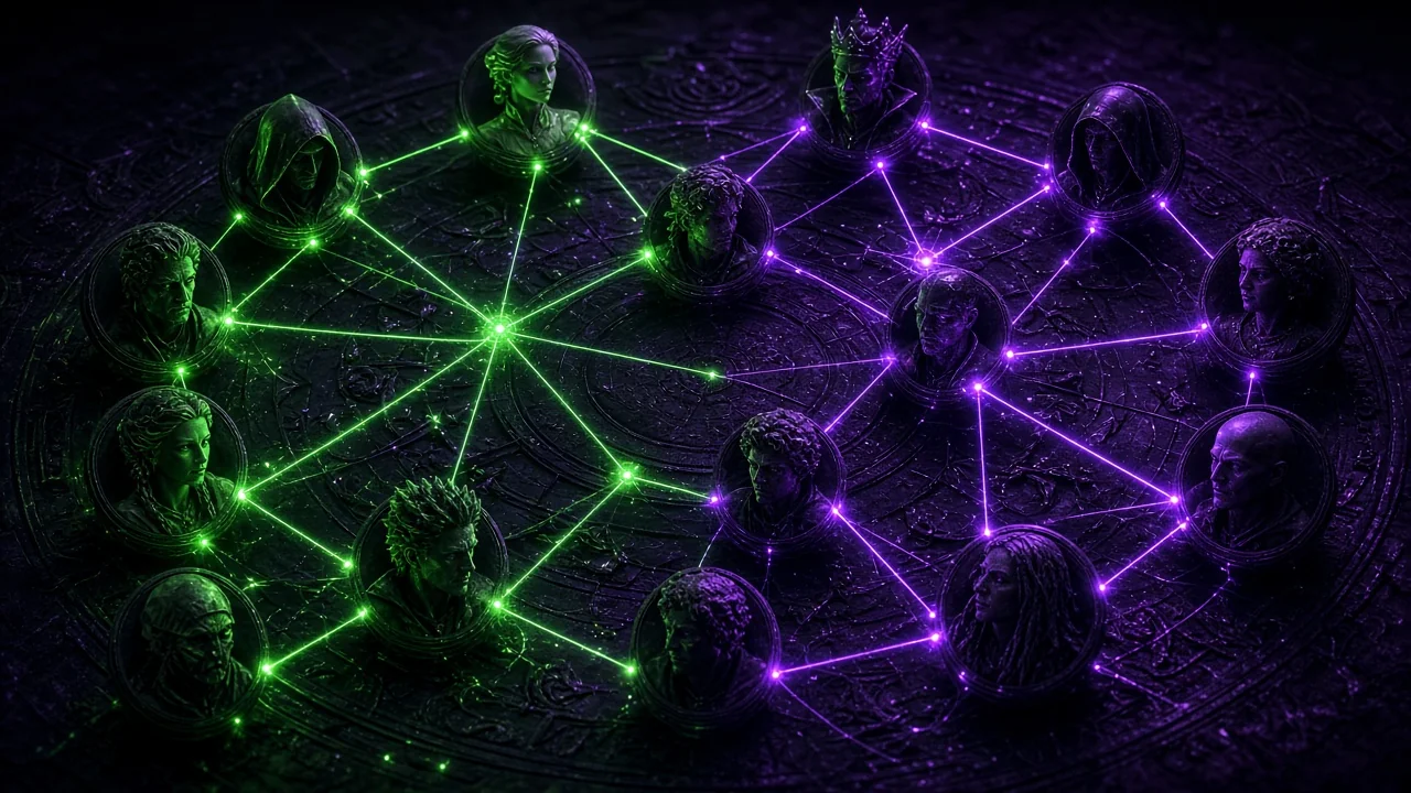 A constellation board where portraits of a cast of characters are connected by threads of light