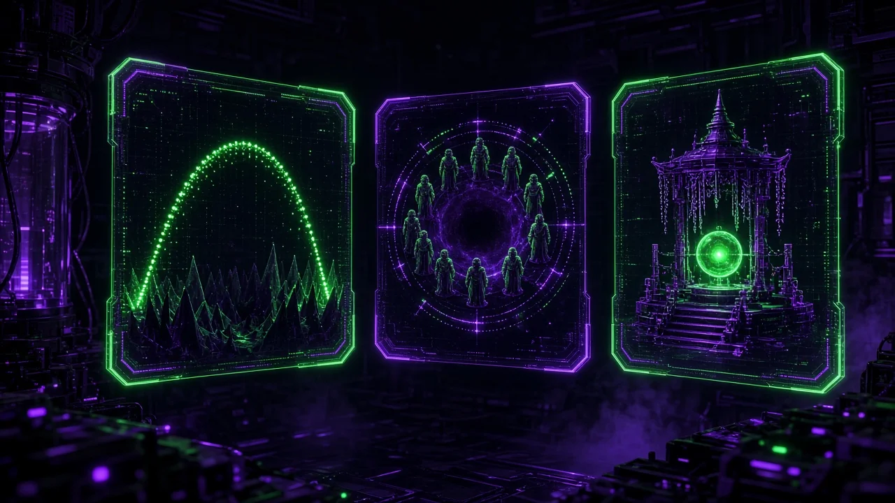 Three holographic panels hovering in a dark lab: one shows a dotted jump arc over spikes
