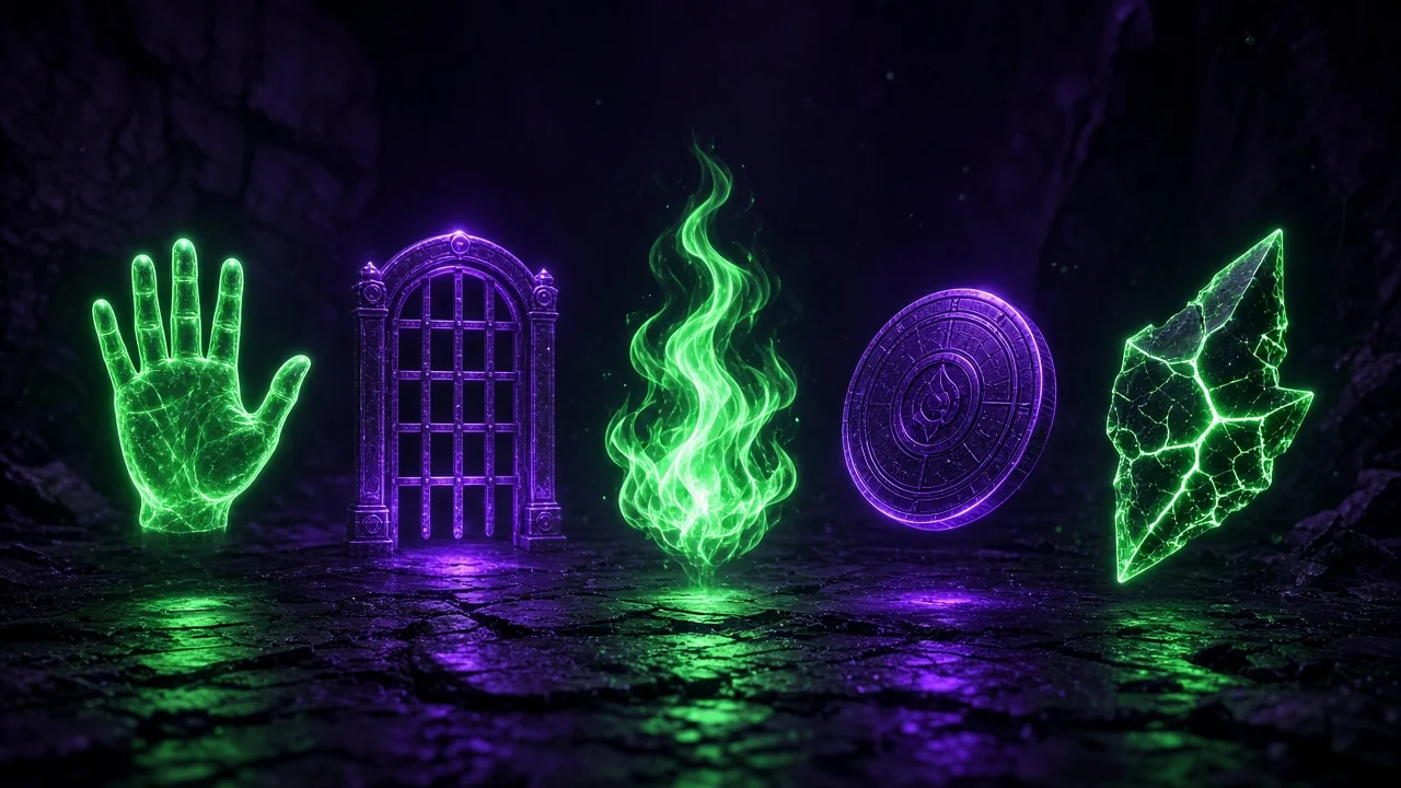 A grammar diagram of glowing symbols floating in a row: a hand
