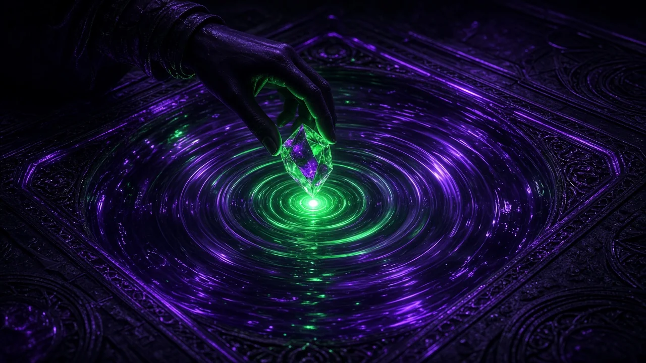 A hand dropping a glowing crystal onto a window of light
