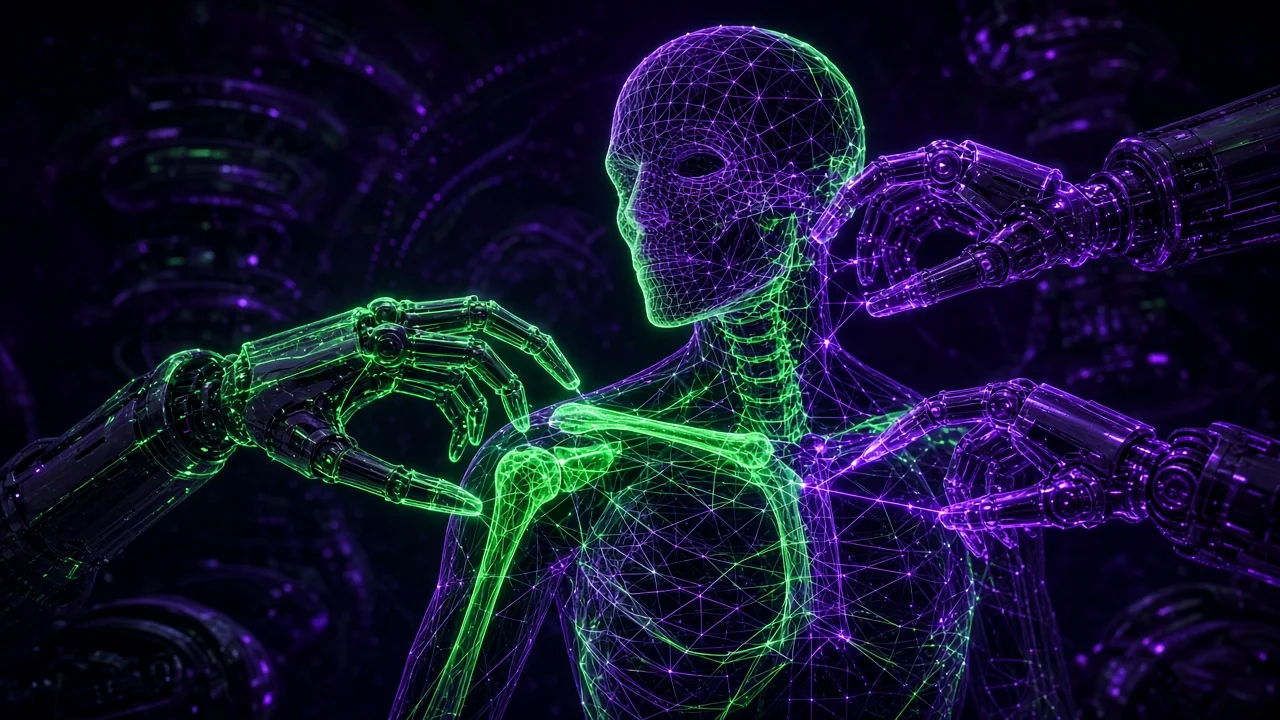 An avatar wireframe being rebuilt bone by bone by delicate robotic hands of light