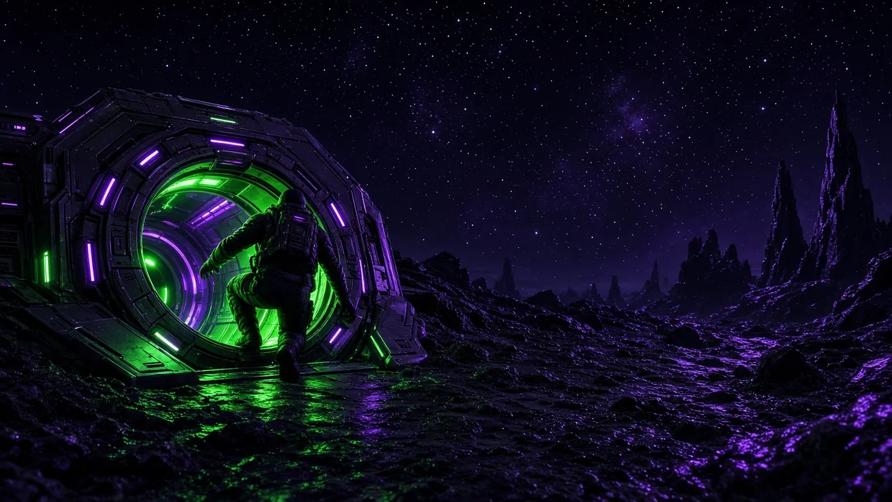 A figure climbing out of a facility hatch onto a dark surface landscape under a sky of stars