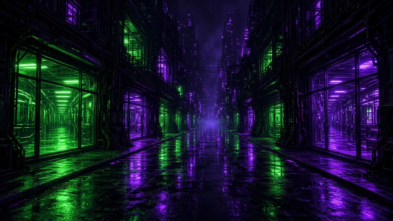 An endless night city street where every shop window glows with the facility’s corridors